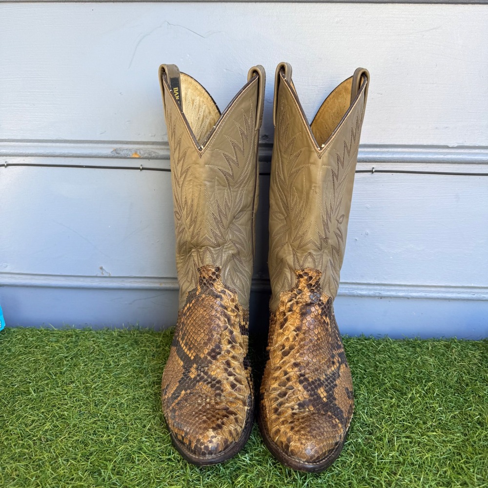 Vtg Dan Post Mens Python Snakeskin Western Cowboy Boots Brown Tan Size 8 5239751